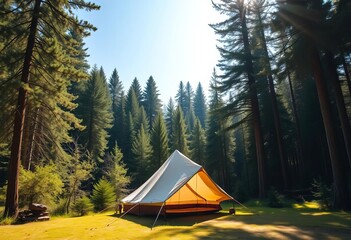 A canvas tent nestled amongst towering trees in a sun-dappled forest clearing, brown, woodland