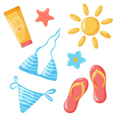 Naklejka premium Woman Bikini Swimsuit, Fashionable female swimwear, bikini top and panties. Sunscreen tube cream, lotion. Flip flops beach shoes. Sun and flowers. Vector illustrations. Isolated on white background