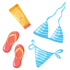 Woman Bikini Swimsuit, Fashionable female swimwear, bikini top and panties. Sunscreen tube cream, lotion. Flip flops beach shoes. Vector illustrations. Isolated on white background