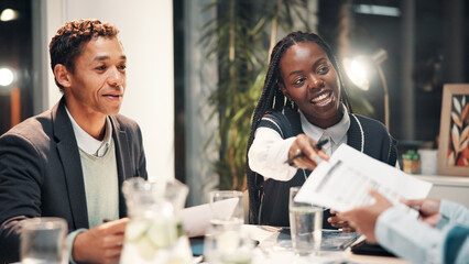 Documents, planning and business people in meeting for financial review, budget report and feedback. Corporate team, professional and workers with paperwork for collaboration, strategy and revenue