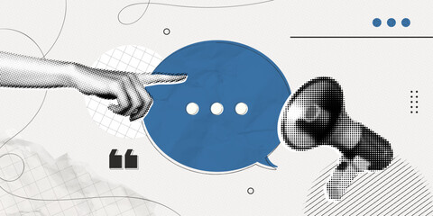 Plakat Trendy Halftone Collage Hand showing speech bubble. Megaphone with message and quote symbols. Social media communication , promotion and marketing. Online news. Contemporary vector illustration art