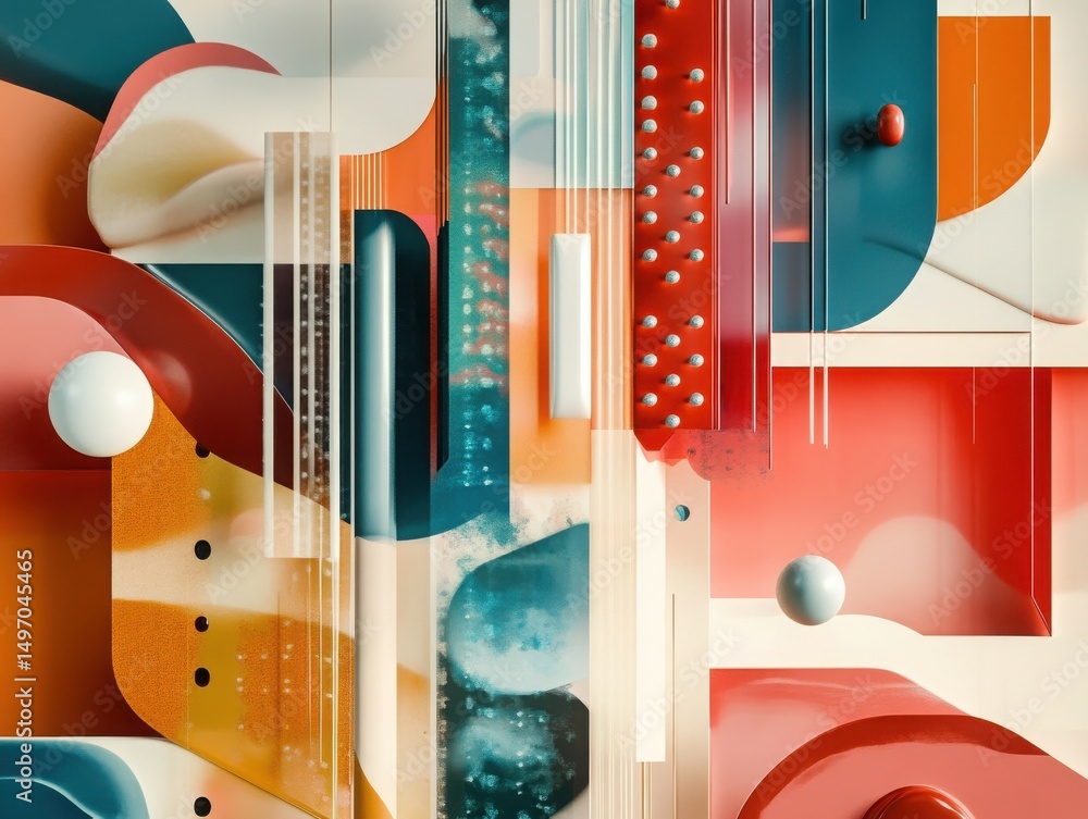 Poster dynamic abstract of machine learning, showcasing shapes and digital elements in fluid motion.