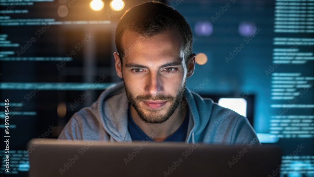Poster a focused man works on a laptop, illuminated by screens with code in a dark environment, emphasizing