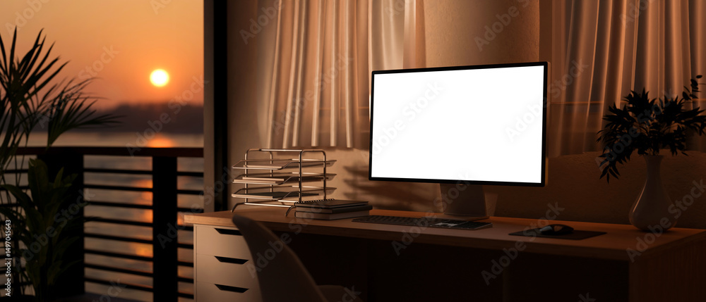 Aufkleber white screen computer on table with books and armchair in sunset light. study or working at evening.