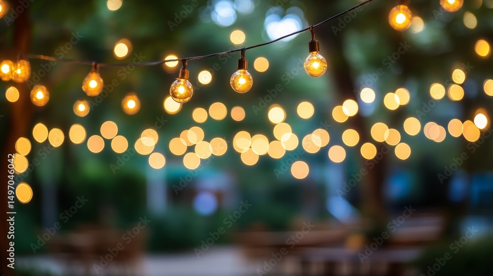 Poster outdoor string lights create a magical glow at twilight with bokeh, romantic garden illumination.
