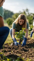 Woman planting a young tree in soil during an environmental volunteer activity.