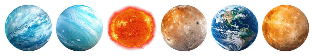 Obraz premium PNG Colorful planets and sun, element set on transparent background