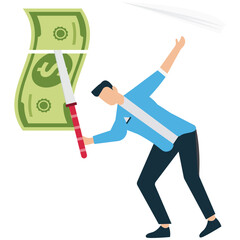 Young Man Cutting Down on Costs with Sword