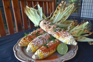 A street vendor setting with grilled corn on the cob, spices, and lime.