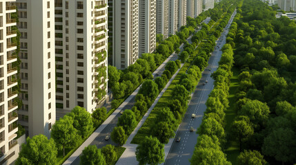 Aerial View of Modern Green City with Lush Landscaping and High-Rise Buildings