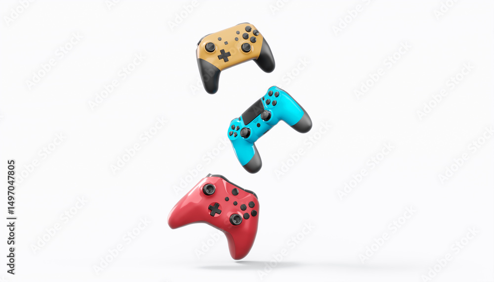 Poster realistic colorful video game joysticks or gamepads with color buttons on white