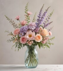 Pastel watercolor floral arrangement in a simple vase  , gentle, summer