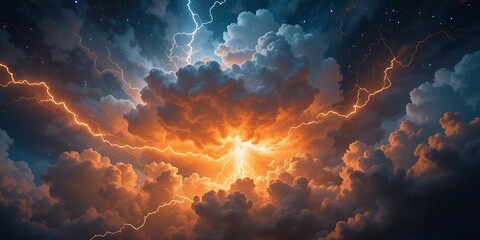 Naklejka premium Dramatic stormy sky with vibrant lightning bolts illuminating thick clouds at night