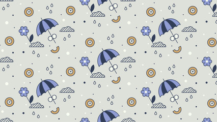 Cute umbrella, flower, and rain seamless pattern.