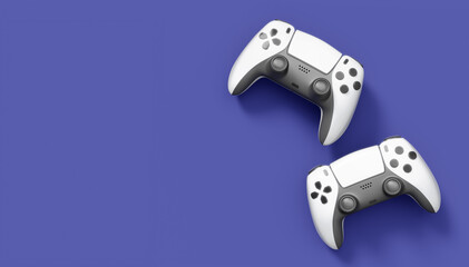 Realistic white video game joysticks or gamepads on violet background © Vasyl Onyskiv