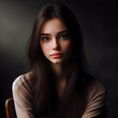 A beautiful sad young woman on black background