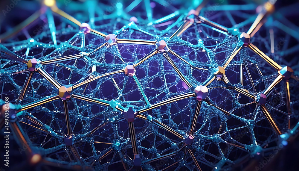 Poster stunning abstract image of a complex network, featuring iridescent blue and gold nodes connected by 