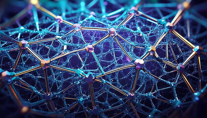 Stunning abstract image of a complex network, featuring iridescent blue and gold nodes connected by intricate lines.