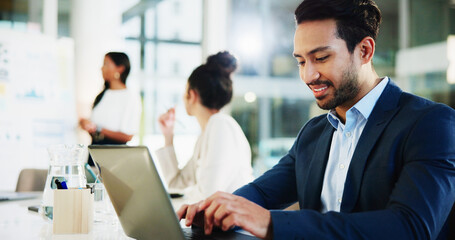 Business, man and happy with laptop in presentation for typing minutes, data report and financial summary. Accounting firm, people or administrator in meeting for investment proposal or budget update