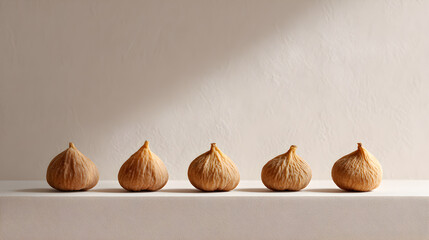 Obraz premium Five dried figs arranged in a row on a smooth surface, showcasing their unique textures and shapes against a soft, neutral background, highlighting natural beauty and simplicity