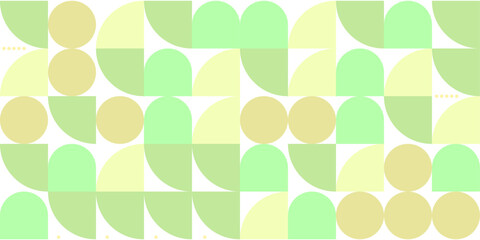 Geometric seamless pattern with rounded green and beige shapes on white background for modern decorative design and layout.