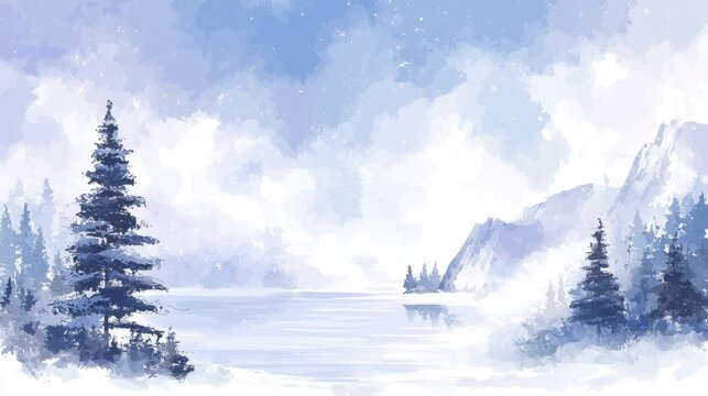 Winterlandschaft mit Nadelb&auml;umen und See