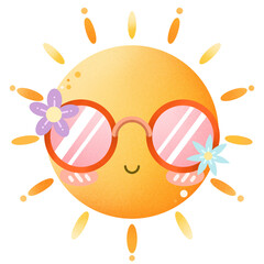 Cute groovy summer sun with sunglasses. Happy retro summer sun illustration for summer designs and seasonal project. Transparent background Clipart.
