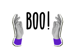 A hands holding an inscription Boo! Halloween card design. Modern photo collage style. Illustration on transparent background