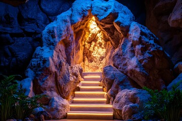 Illuminated Stone Steps Leading to Cave Entrance