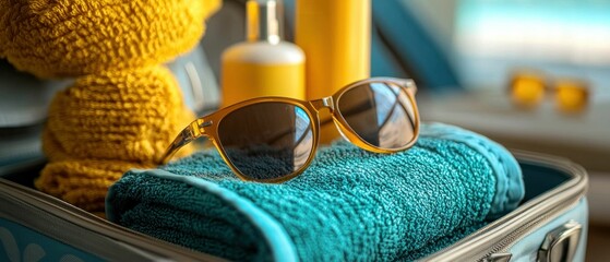 Summer Vacation Essentials: Sunglasses, Towels, and Sunscreen in a Suitcase
