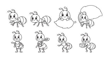 Cute Ant Cartoon Coloring line