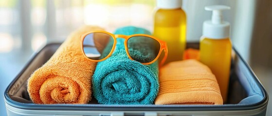 Summer Vacation Essentials: Packed Suitcase with Towels, Sunglasses, and Sunscreen