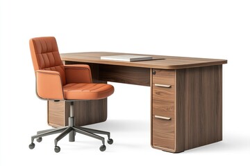 Modern office desk and chair, light brown wood, orange leather