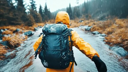 An intrepid explorer navigates a rugged terrain with a striking yellow rain jacket. As rain pours down, the vibrant colors of nature create a breathtaking backdrop for their journey