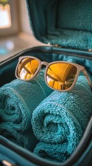 Summer Vacation Essentials: Sunglasses and Rolled Towels in a Suitcase