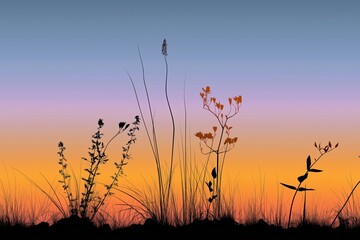 Obraz premium A field of grass with a beautiful sunset in the background. The sky is a mix of orange and purple hues, creating a serene and peaceful atmosphere. The grass is tall and sparse