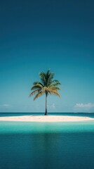 Fototapeta premium Small tropical island with single palm tree surrounded by turquoise ocean