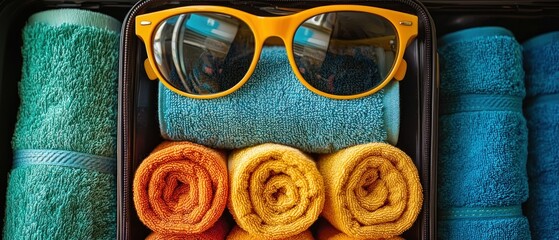 Packed Suitcase Ready for Summer Vacation: Towels and Sunglasses