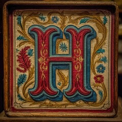 Ornate Letter H Design Within Wooden Frame