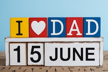 Obraz premium I Heart Dad Blocks with 15 June Date for Father's Day on Wooden Table