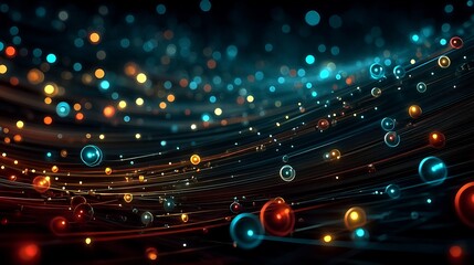 Abstract glowing particles with energy flow, and dark background.