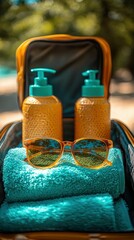 Summer essentials: Sunglasses, towels and sunscreen in a stylish bag, ready for a sunny adventure!