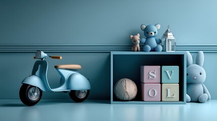 Soft blue-toned kids' room scene with playful details: a toy scooter, pastel letter blocks, and plushies on a blue shelf
