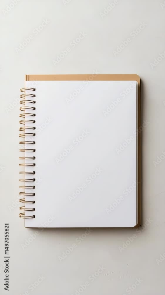 Poster a spiral bound notebook with a white cover sits on a white background. the notebook is empty and rea