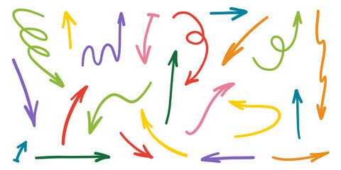 Line colorful arrow hand drawn in ink brush acrylic simple style. Grunge rough direction chaotic shapes for design. Vector illustration in black color.