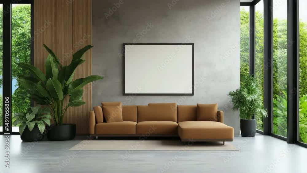 Poster a living room with a brown couch and a white wall. the couch is placed in front of a large window wi