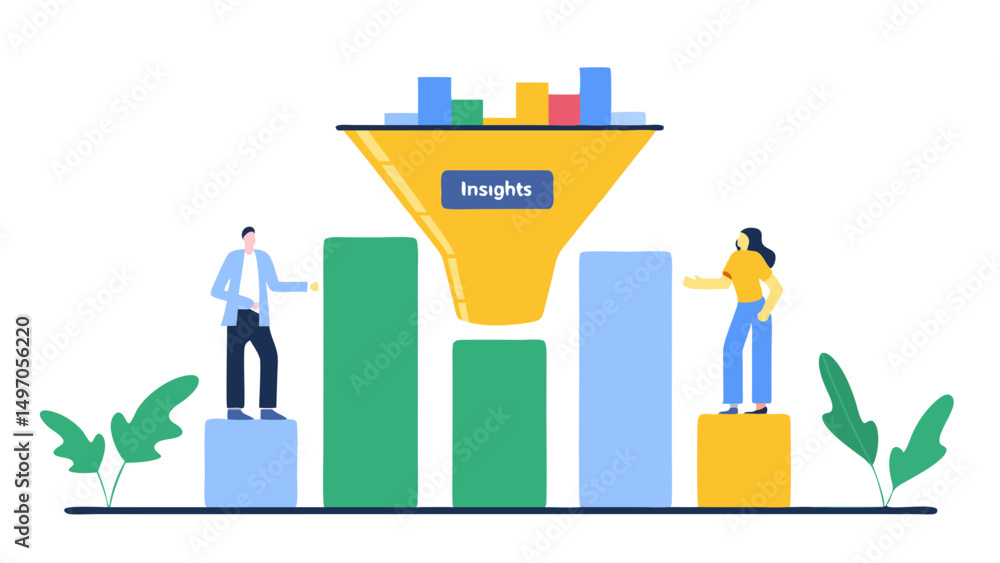 Poster data insights funnel with people standing on bar graphs and leaves in the foreground on a white back