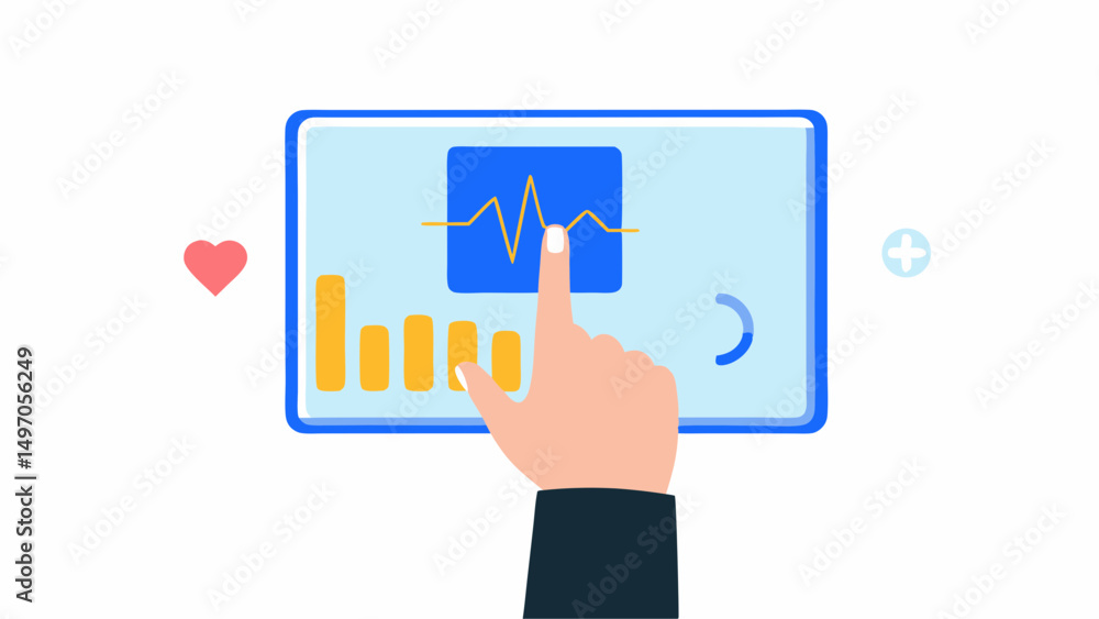 Poster illustration of a hand touching a screen displaying a heart rate graph and bar chart, with a heart i