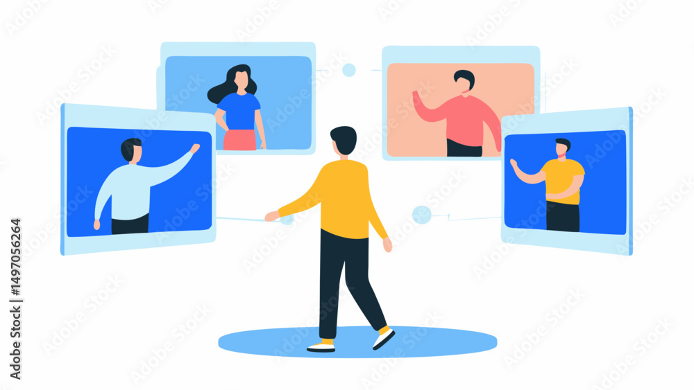 Poster a person standing in front of four screens displaying different people waving and communicating onli