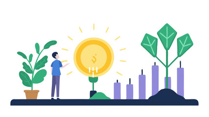 A man looking at a coin with a light bulb and plants growing with candles in the background illustration